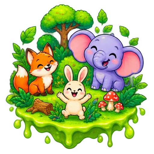 A smiling elephant, fox and rabbit on a lush green floating island