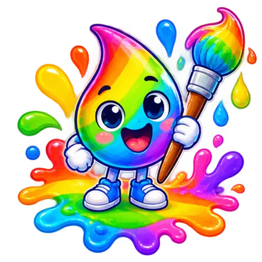 Little Hue’s rainbow paint-drop mascot holding a brush